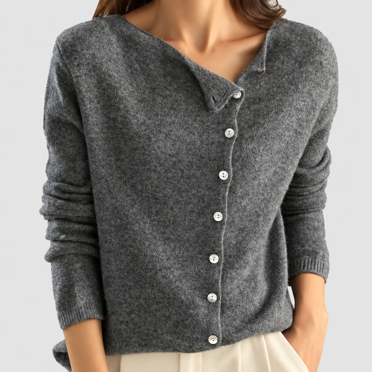 Women's Asymmetric Button-Front Scoop-Neck Cardigan in Grey — view 2