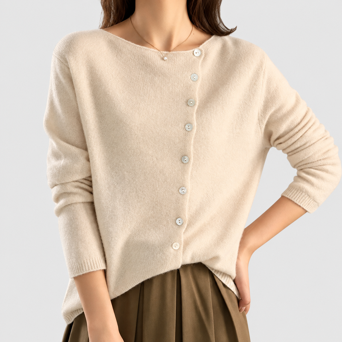 Women's Asymmetric Button-Front Scoop-Neck Cardigan in Beige — view 3