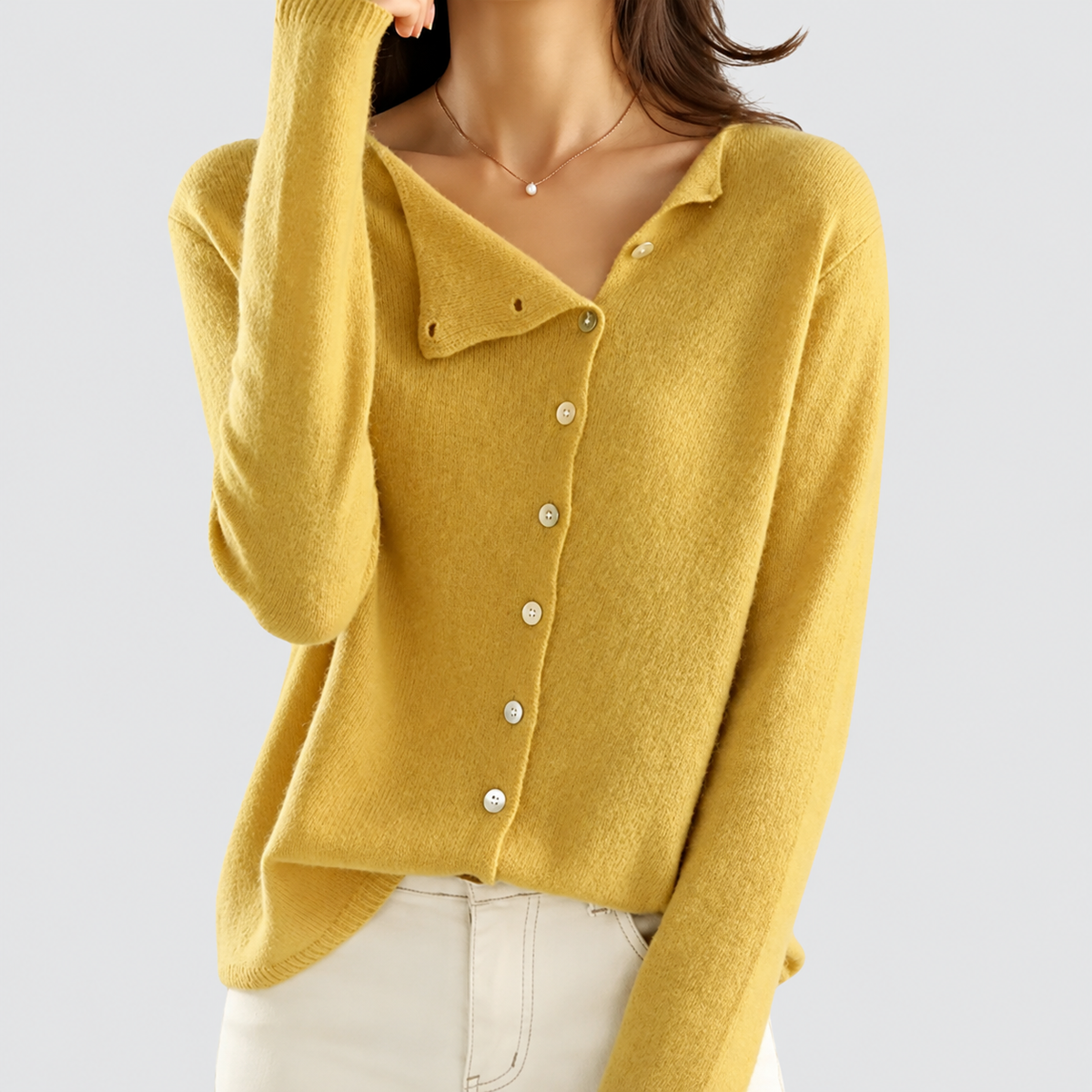 Women's Asymmetric Button-Front Scoop-Neck Cardigan in Yellow — view 4