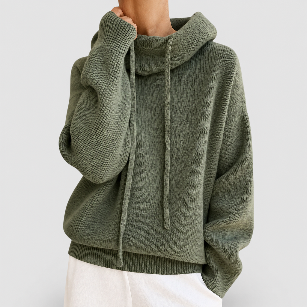 Women's Knit Hoodie with Drawstring and Ribbed Trim in Green — view 1