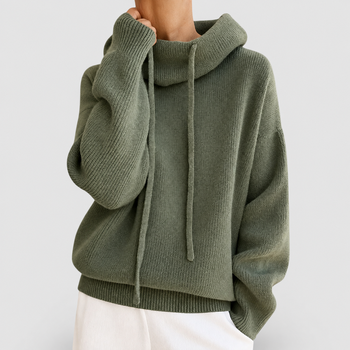 Women's Knit Hoodie with Drawstring and Ribbed Trim in Green — view 1