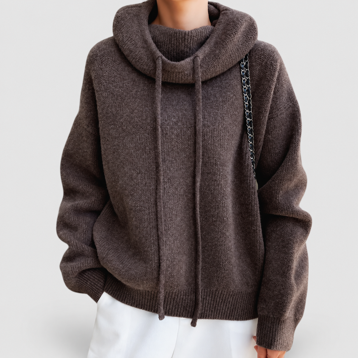 Women's Knit Hoodie with Drawstring and Ribbed Trim in Brown — view 2