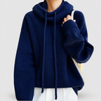 Women's Knit Hoodie with Drawstring and Ribbed Trim in Navy — view 4