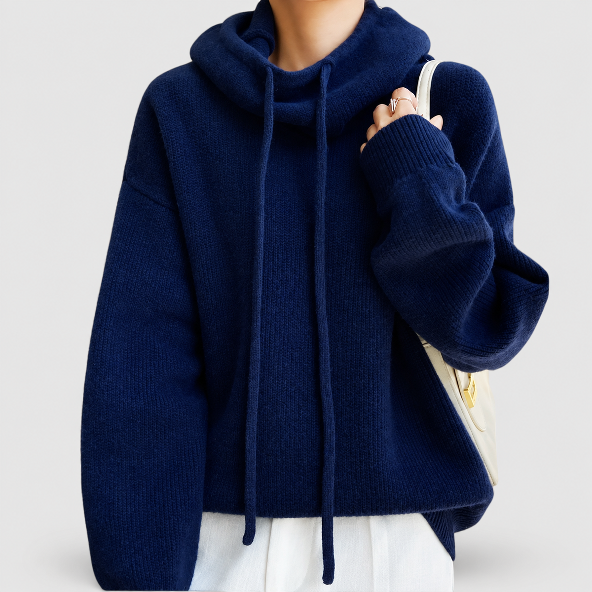 Women's Knit Hoodie with Drawstring and Ribbed Trim in Navy — view 4