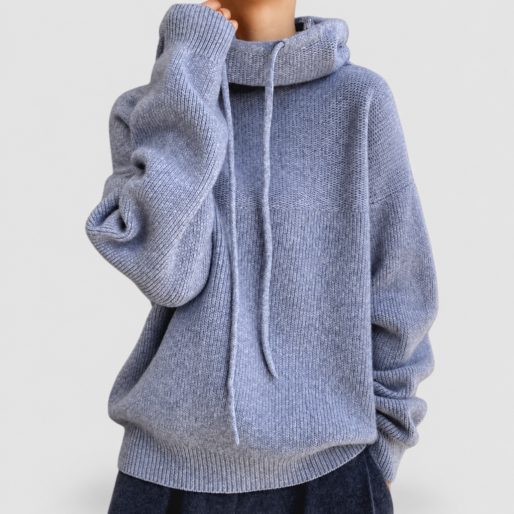 Women's Knit Hoodie with Drawstring and Ribbed Trim in Grey — view 5