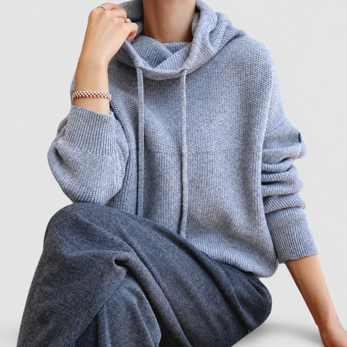 Women's Knit Hoodie with Drawstring and Ribbed Trim — view 6