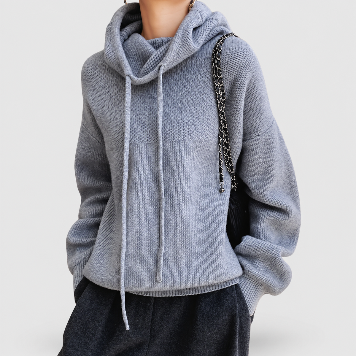 Women's Knit Hoodie with Drawstring and Ribbed Trim — view 7