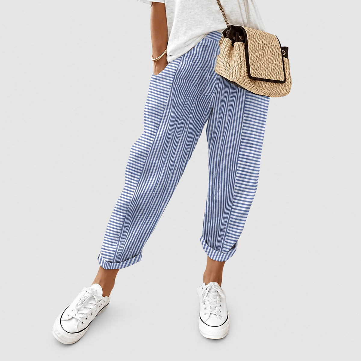 Women's Relaxed Striped Trousers with Elastic Waist and Tapered Leg in Blue — view 1