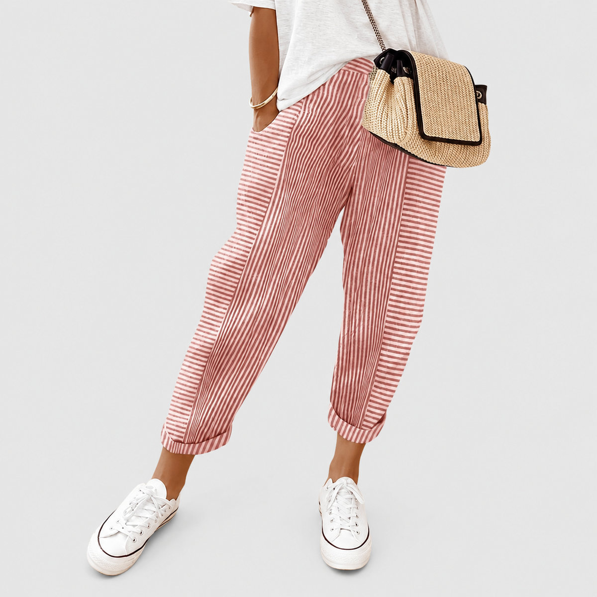 Women's Relaxed Striped Trousers with Elastic Waist and Tapered Leg in Red — view 2