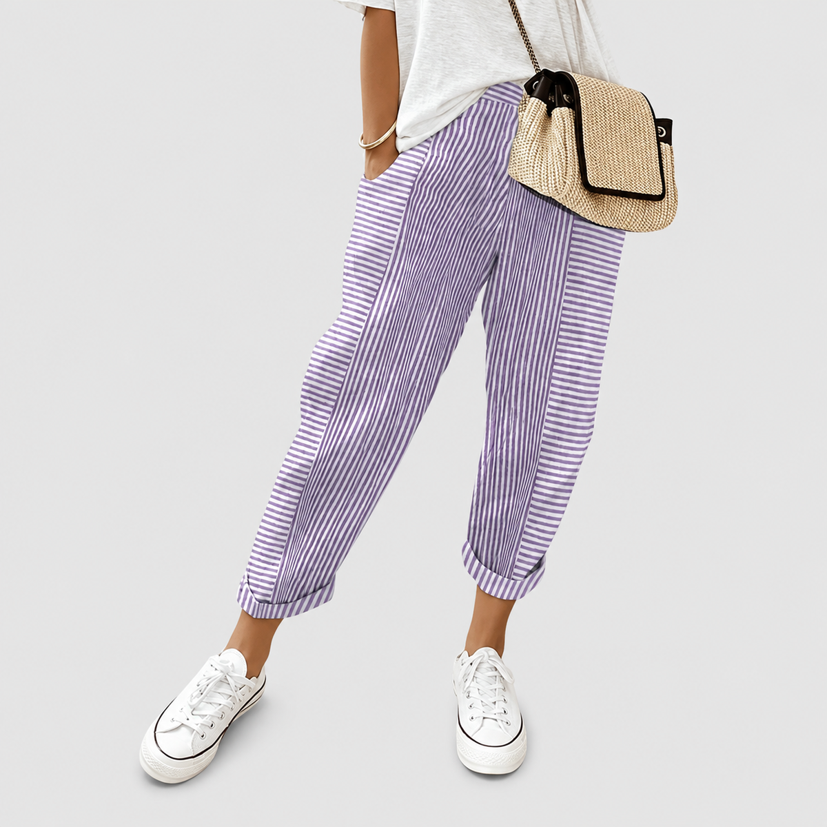 Women's Relaxed Striped Trousers with Elastic Waist and Tapered Leg in Purple — view 3
