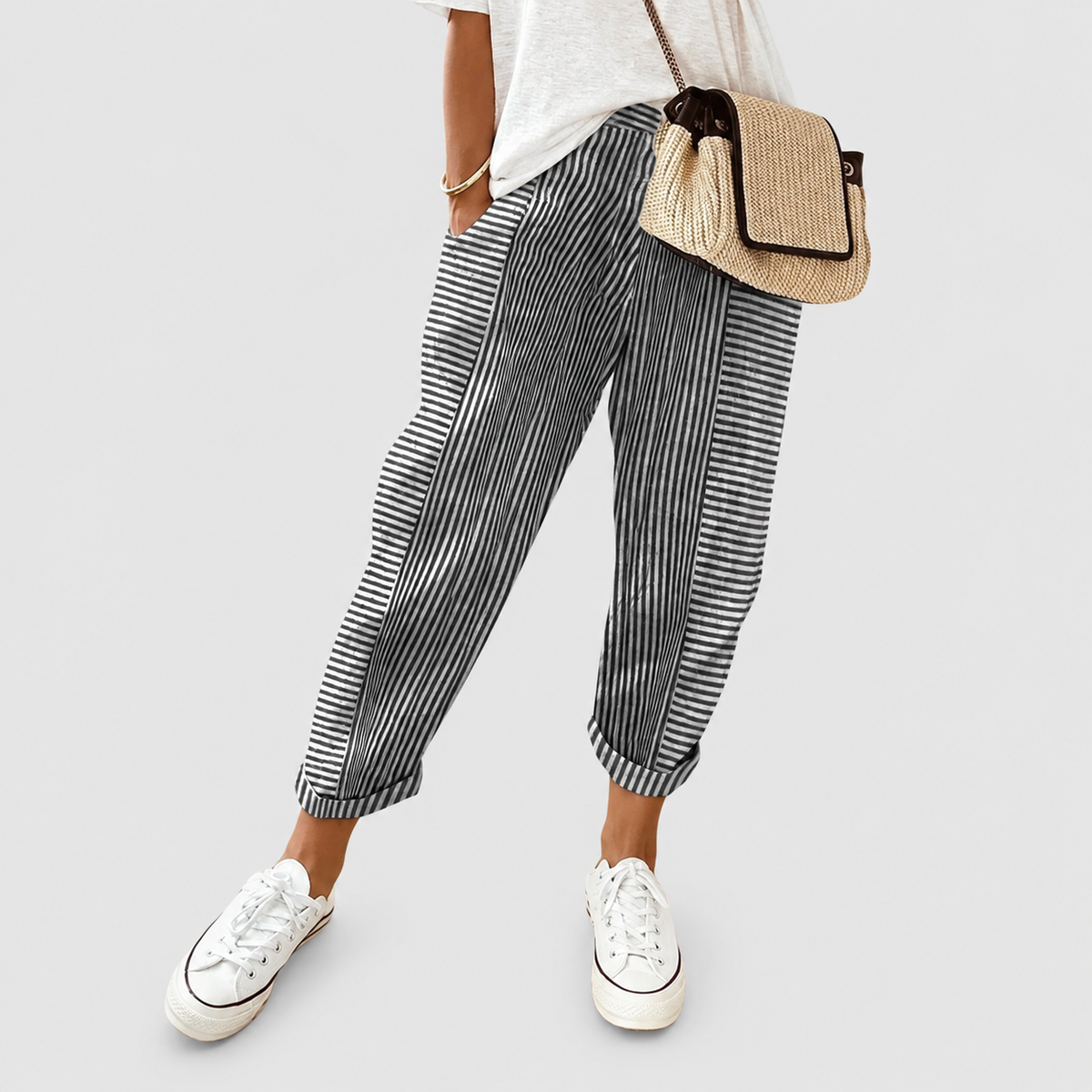 Women's Relaxed Striped Trousers with Elastic Waist and Tapered Leg in Black — view 4