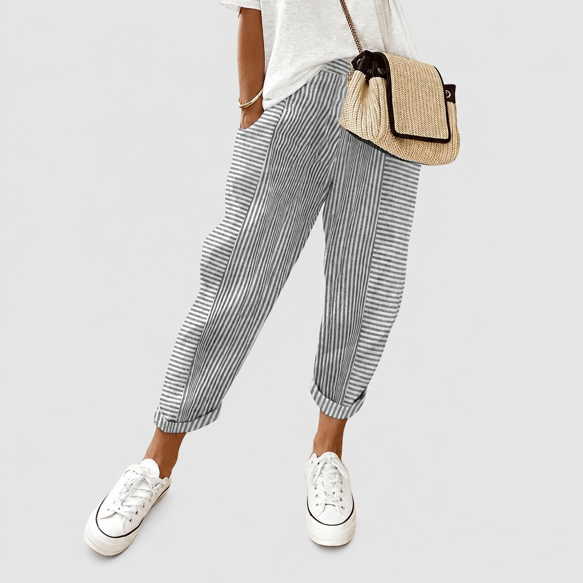 Women's Relaxed Striped Trousers with Elastic Waist and Tapered Leg in Grey — view 5