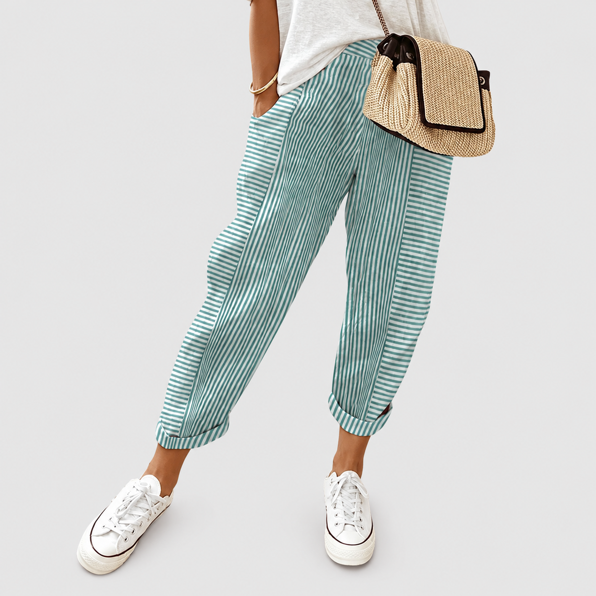 Women's Relaxed Striped Trousers with Elastic Waist and Tapered Leg in Green — view 6