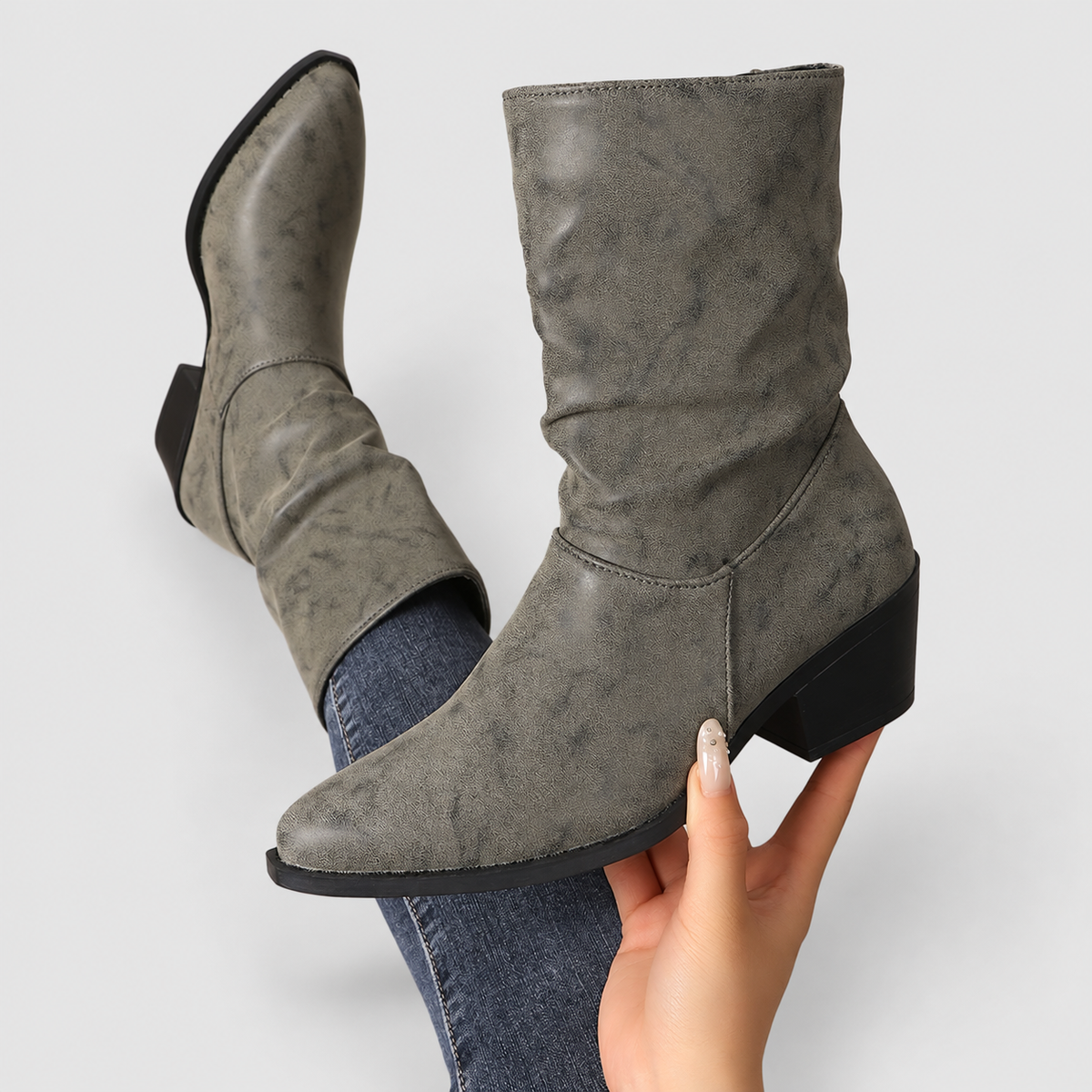 Women's Slouch Pointed-Toe Faux Leather Block-Heel Ankle Boots in Grey — view 1