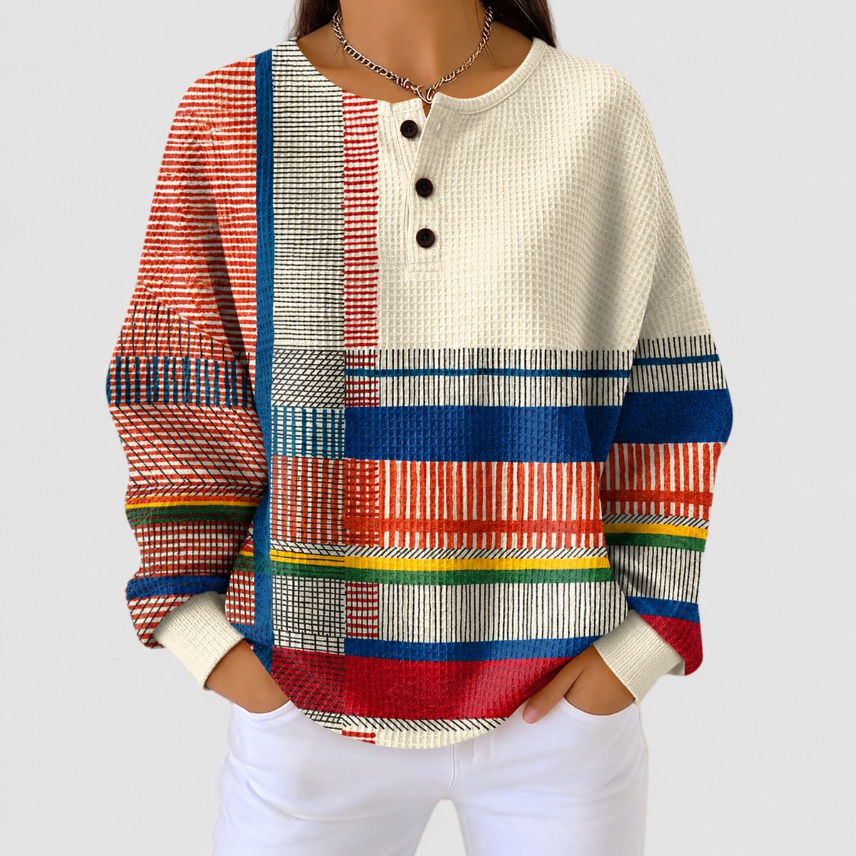 Women's Button-Front Crew-Neck Waffle-Knit Jumper in Multicolor — view 1