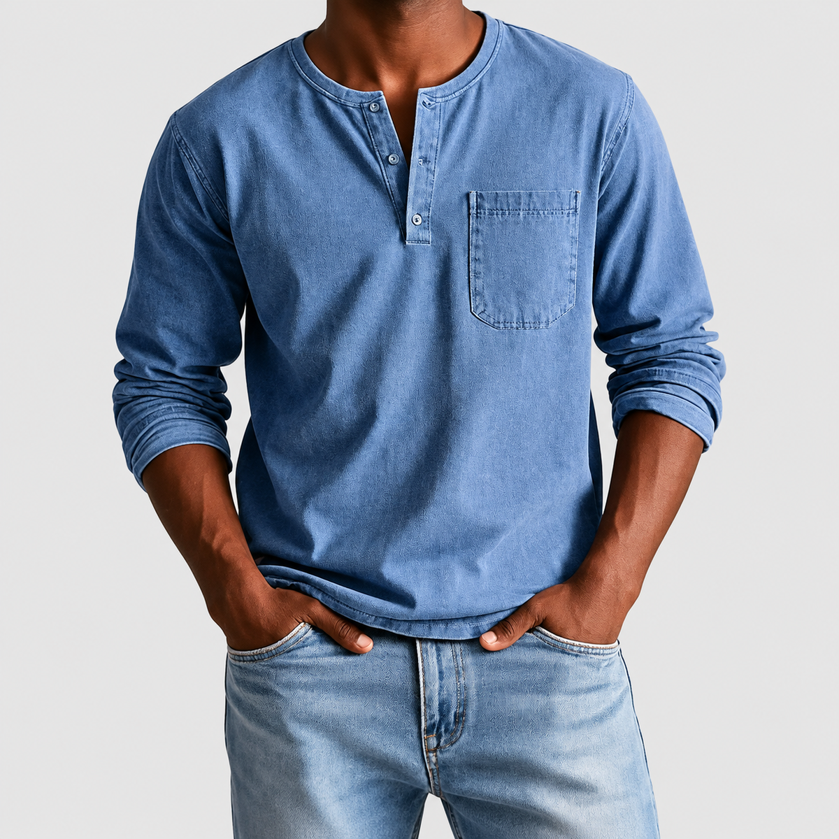 Men's Long-Sleeve Henley T-Shirt with Chest Pocket in Blue — view 2