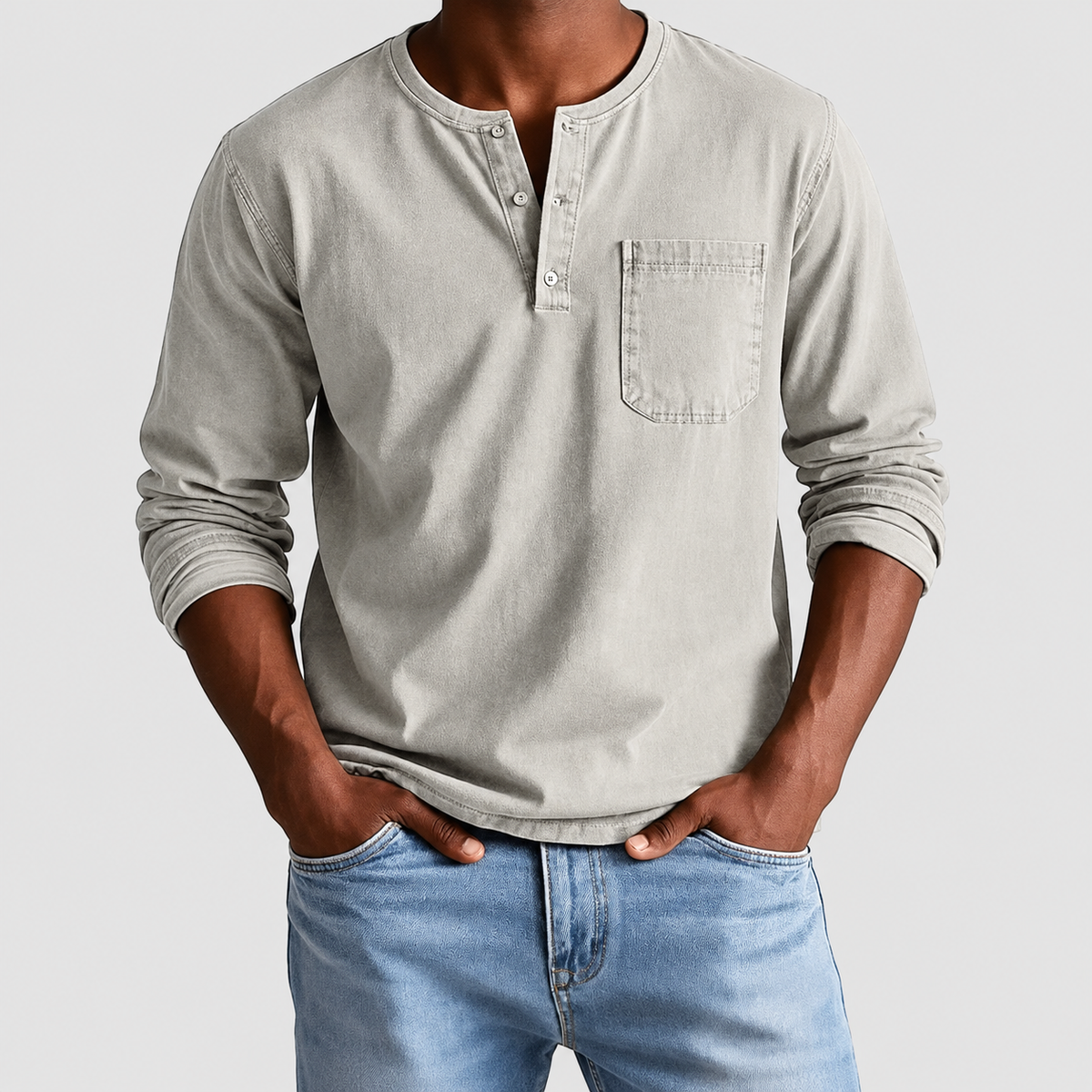 Men's Long-Sleeve Henley T-Shirt with Chest Pocket in White — view 3