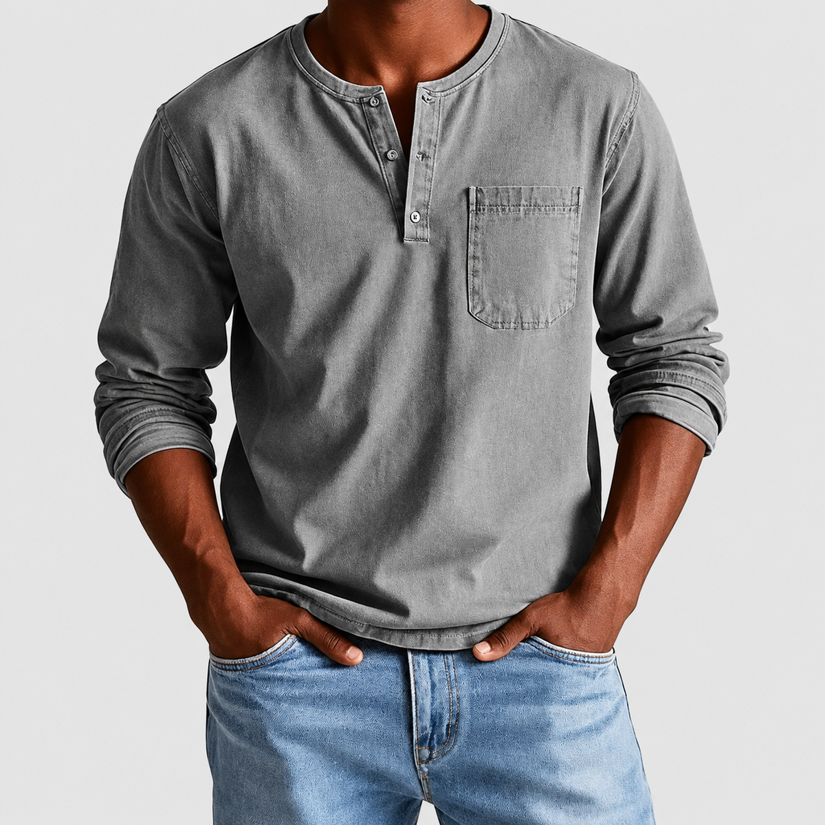 Men's Long-Sleeve Henley T-Shirt with Chest Pocket in Grey — view 8
