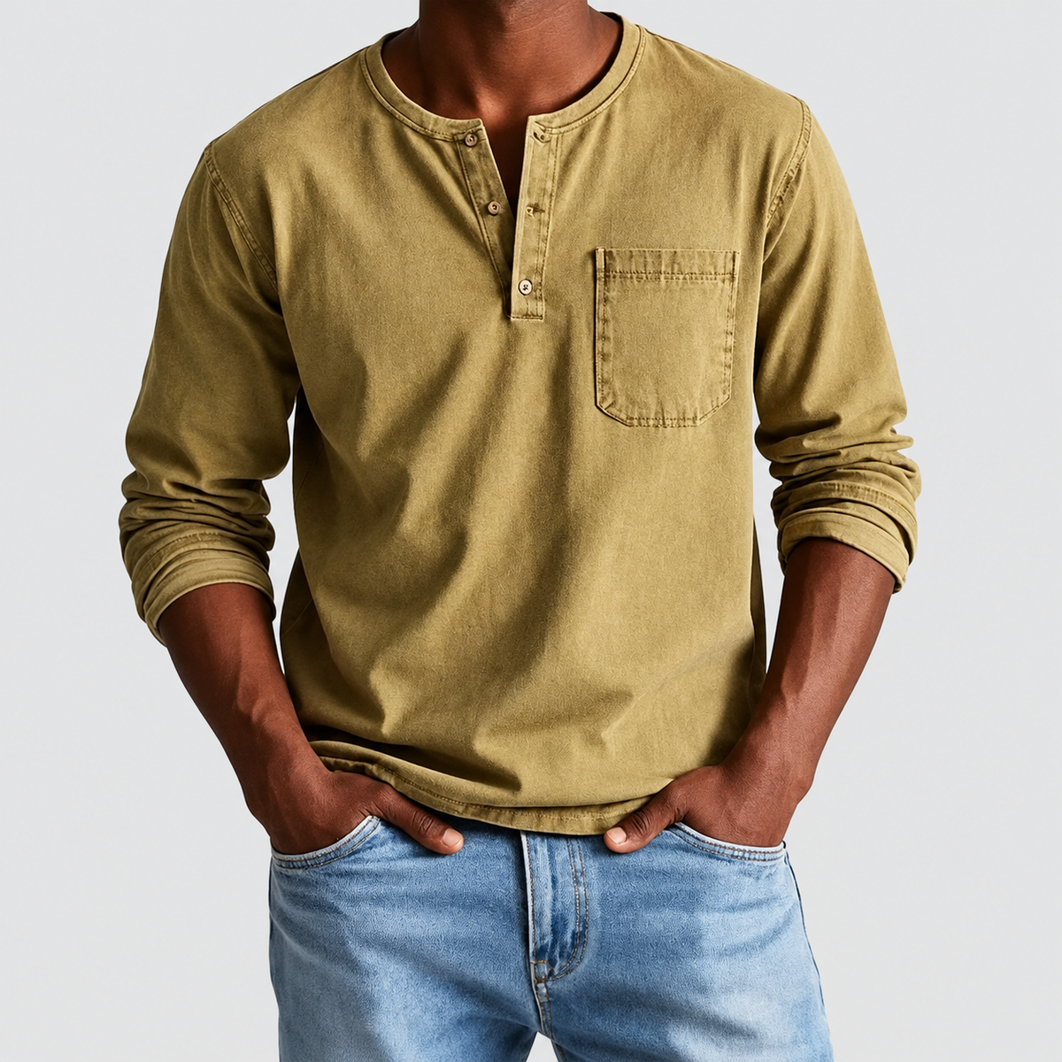 Men's Long-Sleeve Henley T-Shirt with Chest Pocket in Khaki — view 9