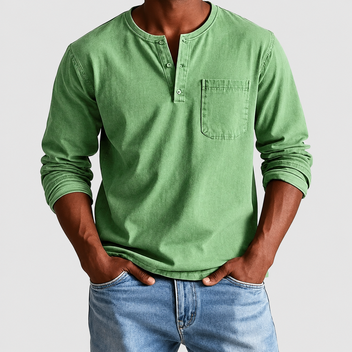 Men's Long-Sleeve Henley T-Shirt with Chest Pocket in Green — view 10