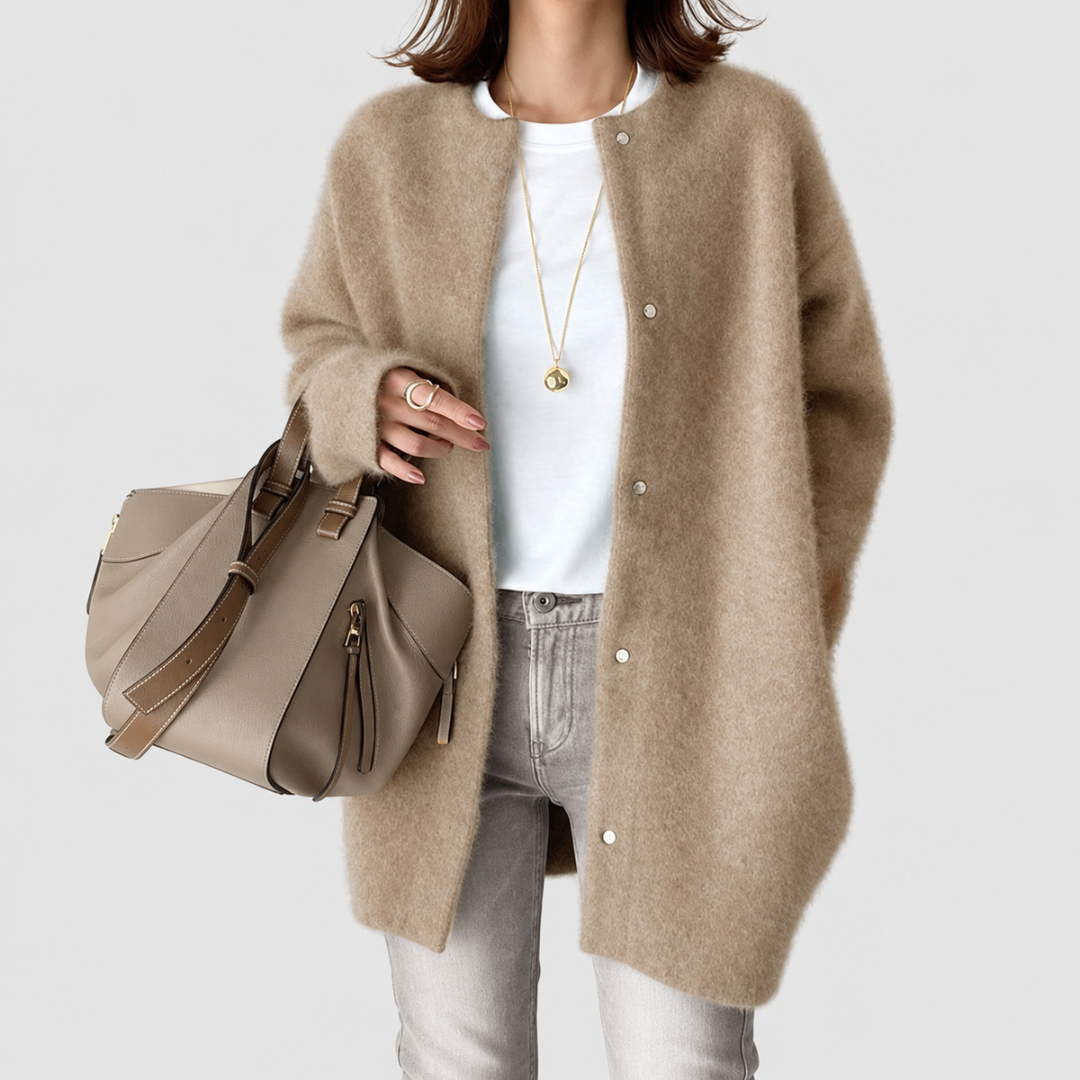 Women's Oversized Fluffy Knit Cardigan with Snap Buttons in Beige — view 1