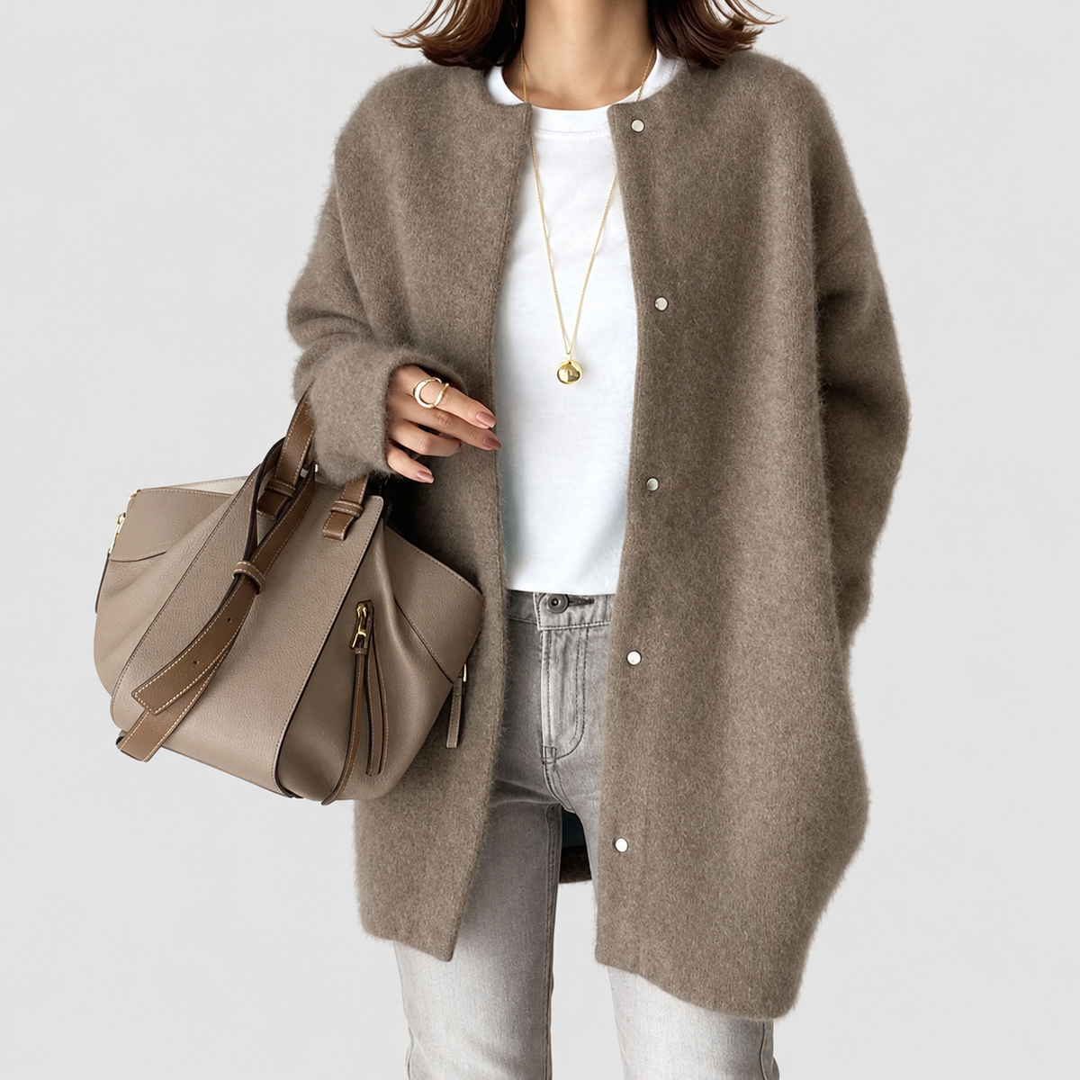 Women's Oversized Fluffy Knit Cardigan with Snap Buttons in Brown — view 2