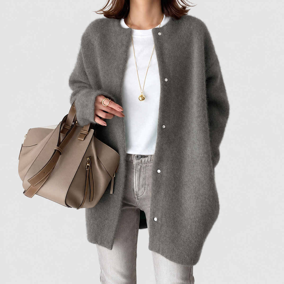 Women's Oversized Fluffy Knit Cardigan with Snap Buttons in Grey — view 3