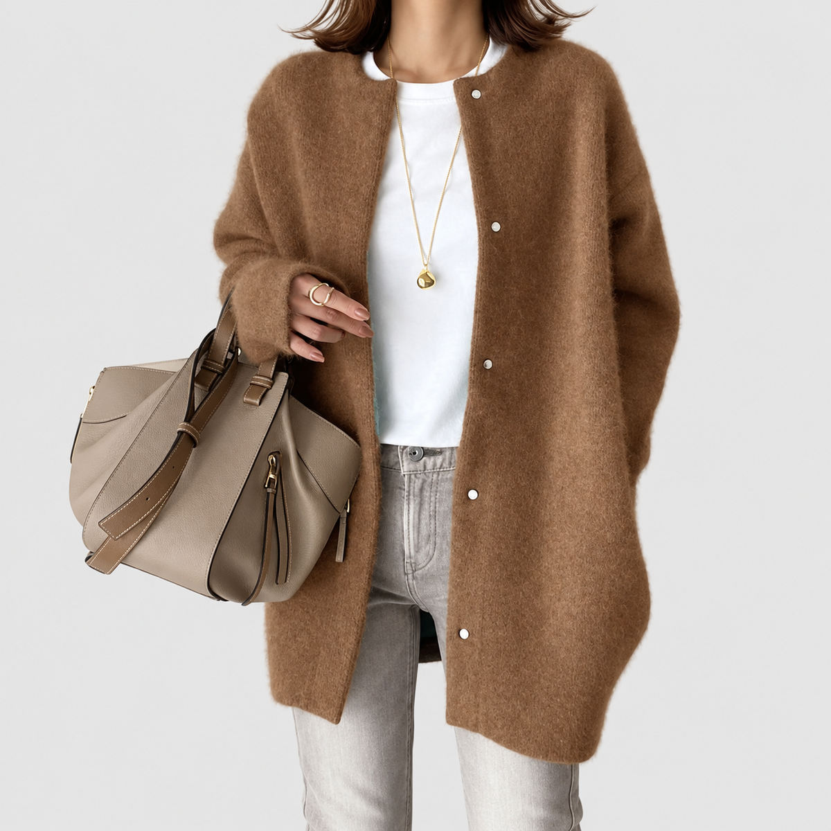 Women's Oversized Fluffy Knit Cardigan with Snap Buttons in Dark Brown — view 4