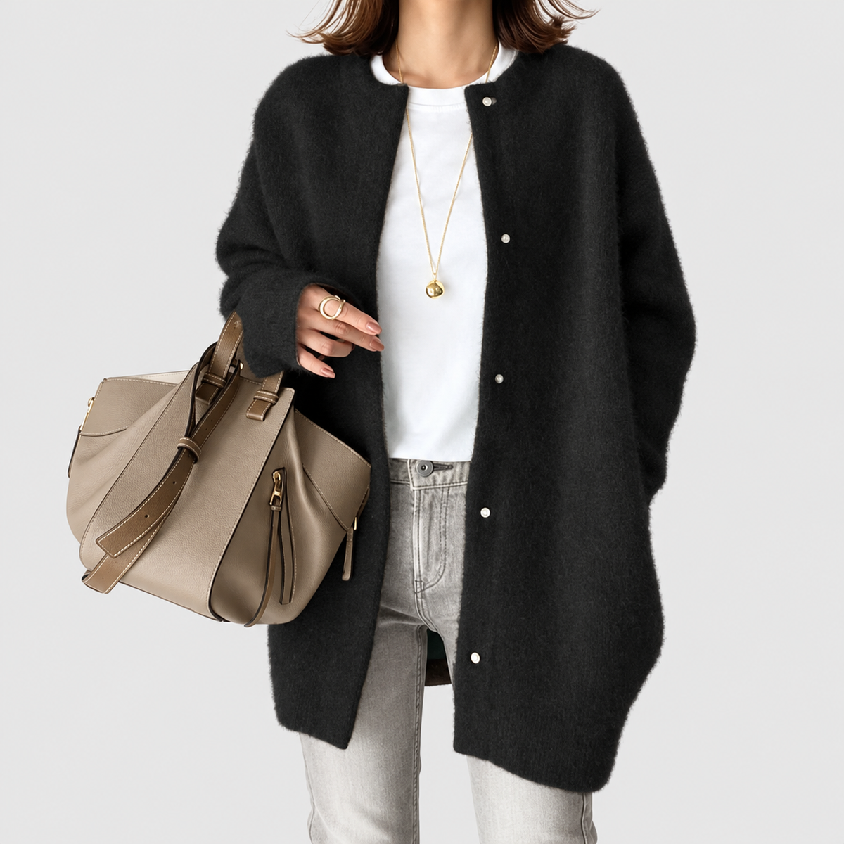 Women's Oversized Fluffy Knit Cardigan with Snap Buttons in Black — view 5