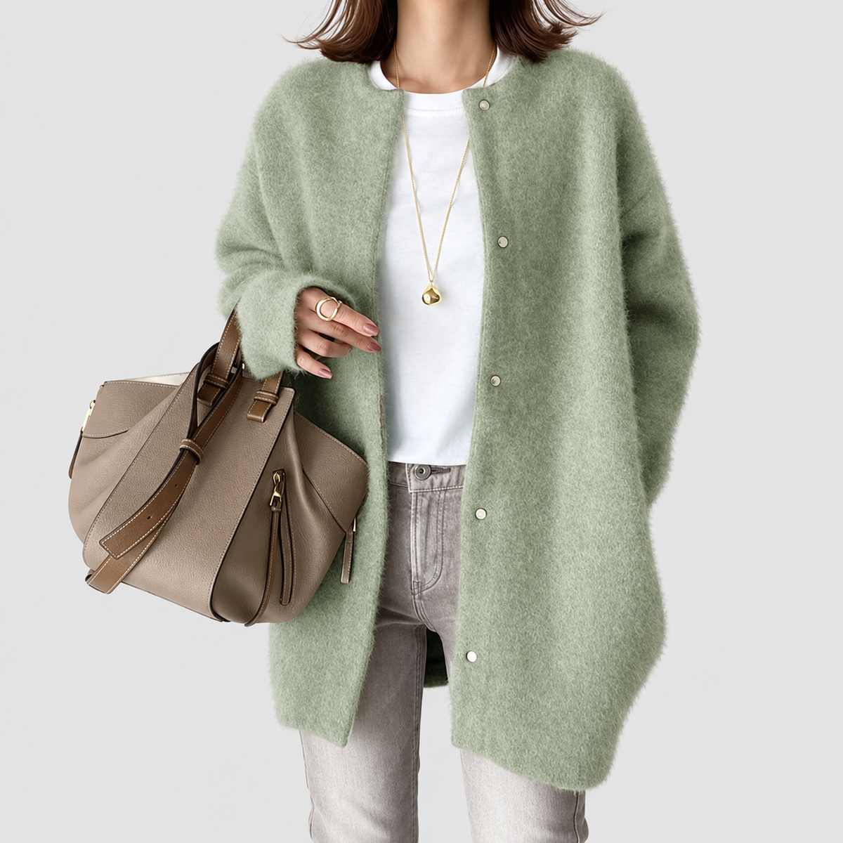 Women's Oversized Fluffy Knit Cardigan with Snap Buttons in Sage Green — view 6