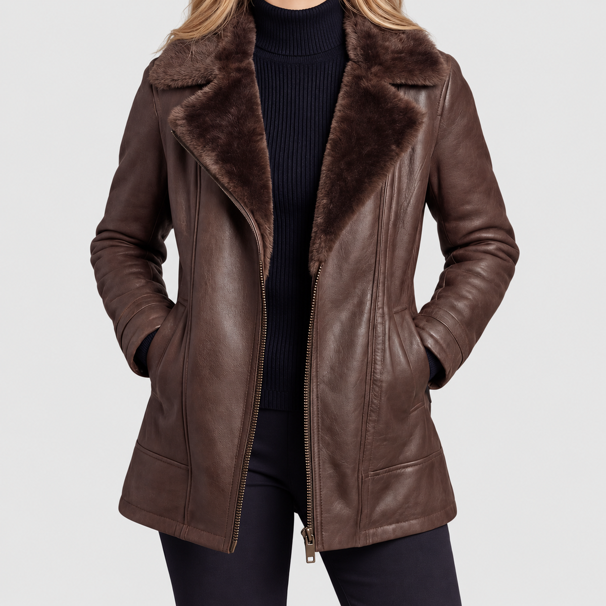 Women's Leather-Look Jacket with Shearling-Style Collar — view 1