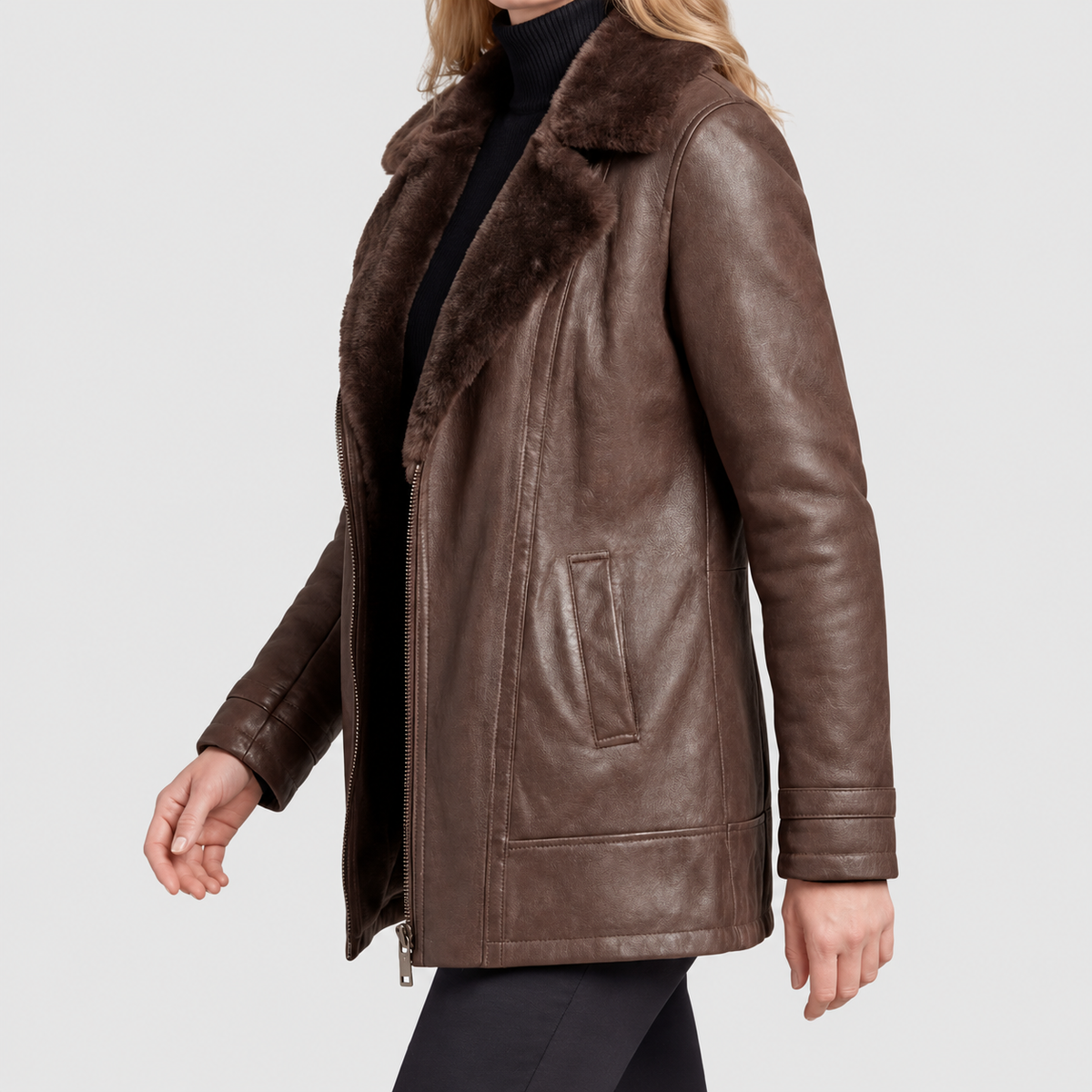 Women's Leather-Look Jacket with Shearling-Style Collar — view 3
