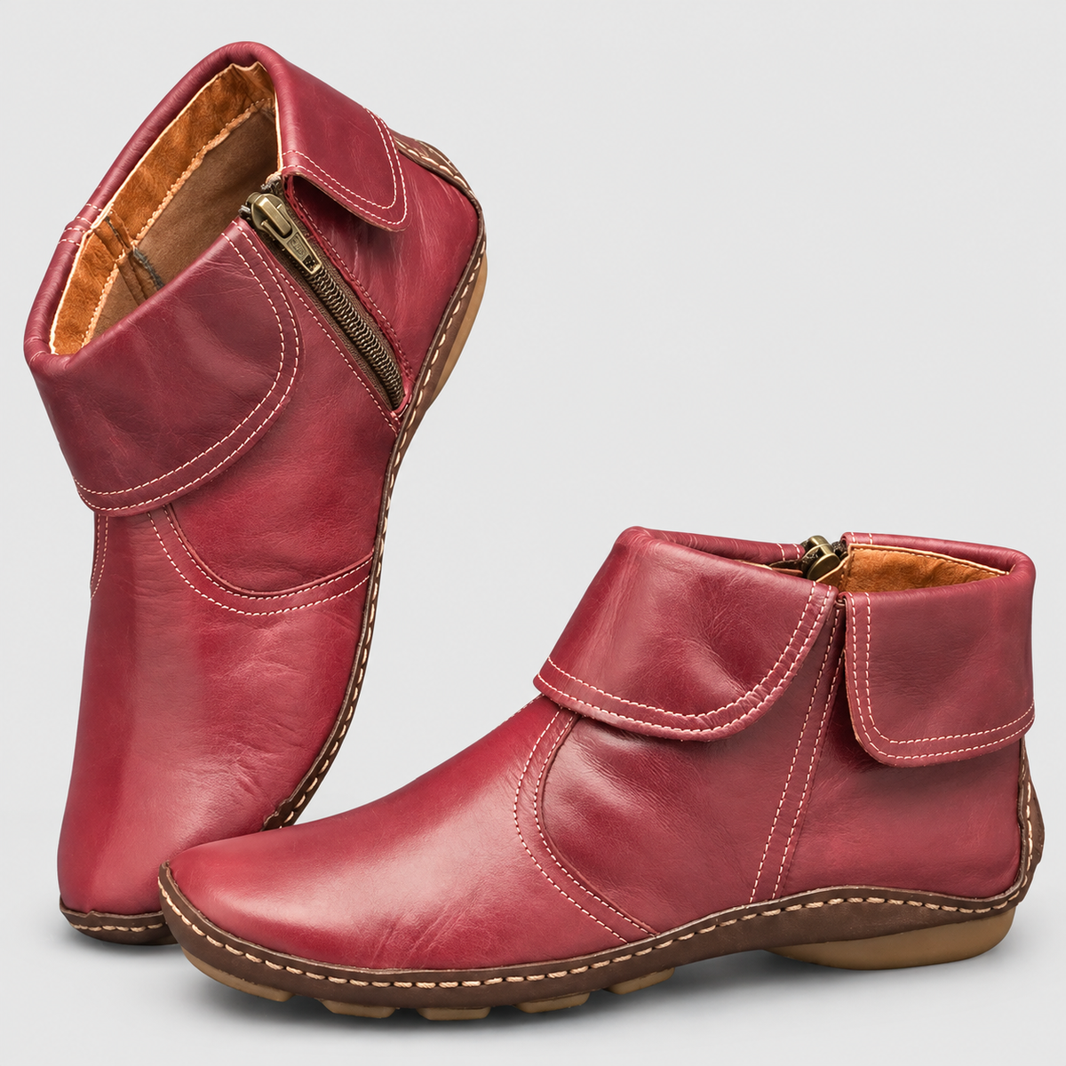 Women's Round-Toe Ankle Boots with Side Zip and Ankle Strap in Red — view 1