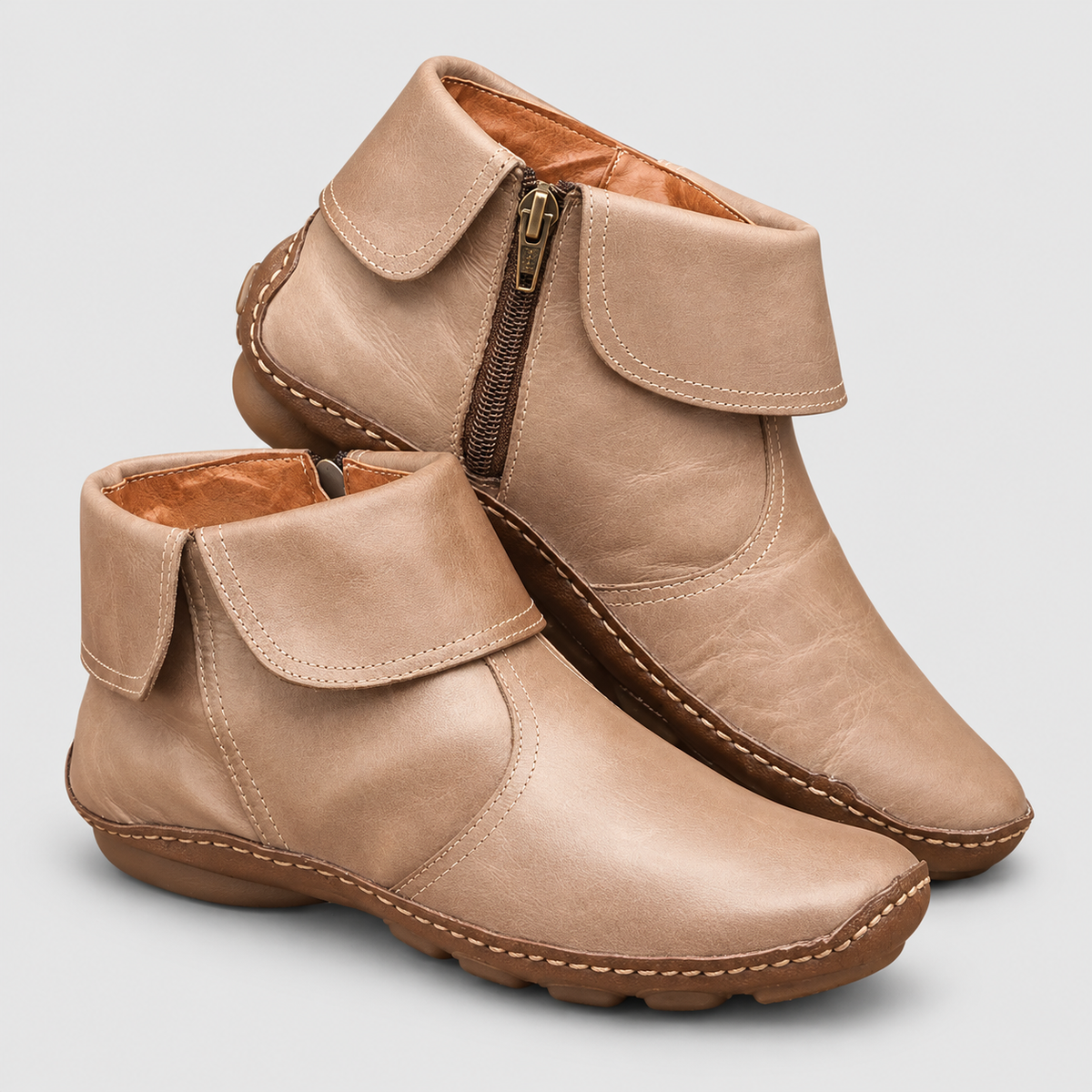 Women's Round-Toe Ankle Boots with Side Zip and Ankle Strap in Beige — view 2