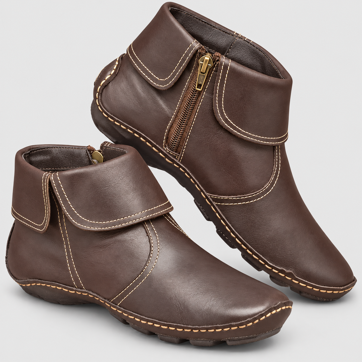 Women's Round-Toe Ankle Boots with Side Zip and Ankle Strap in Brown — view 3