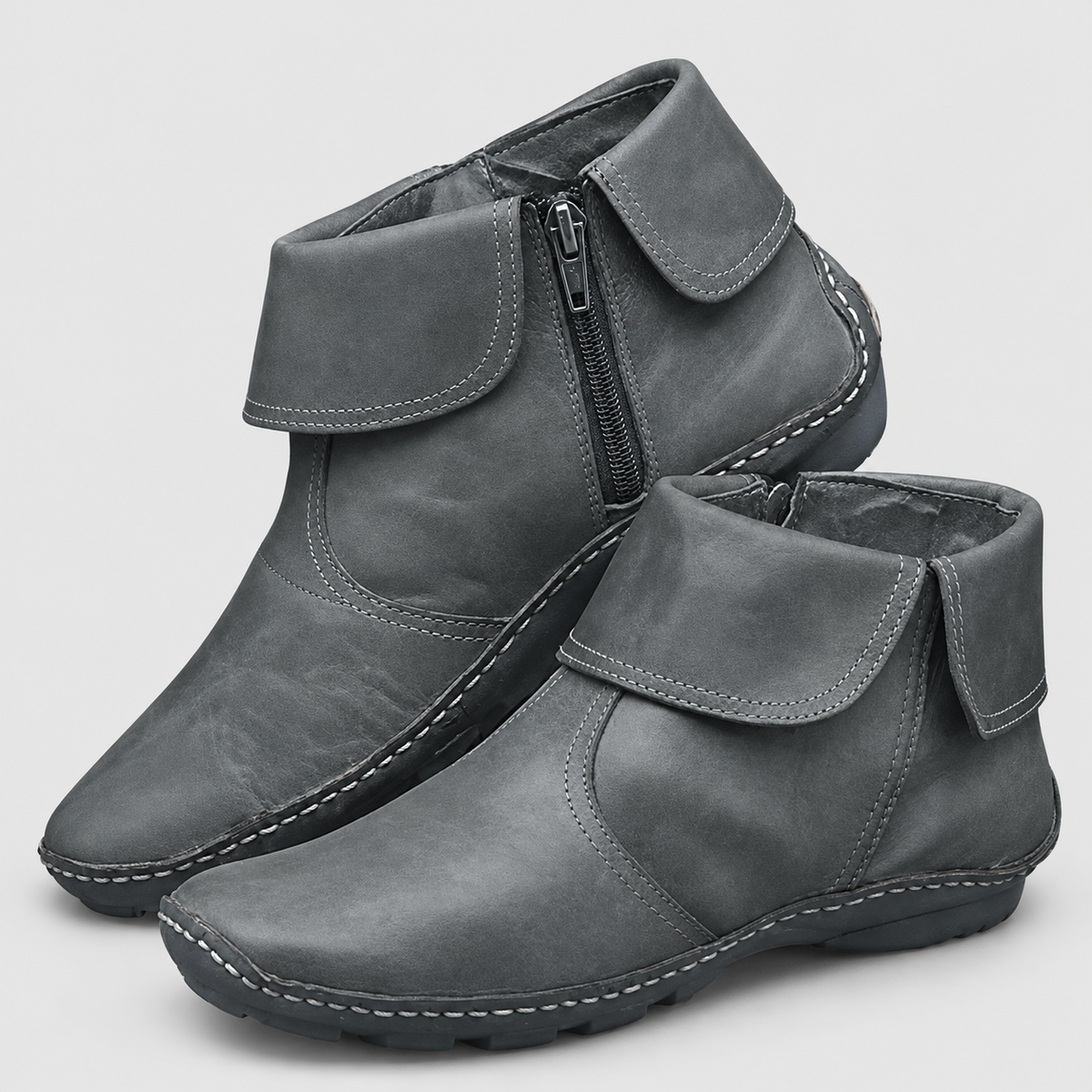 Women's Round-Toe Ankle Boots with Side Zip and Ankle Strap in Grey — view 4