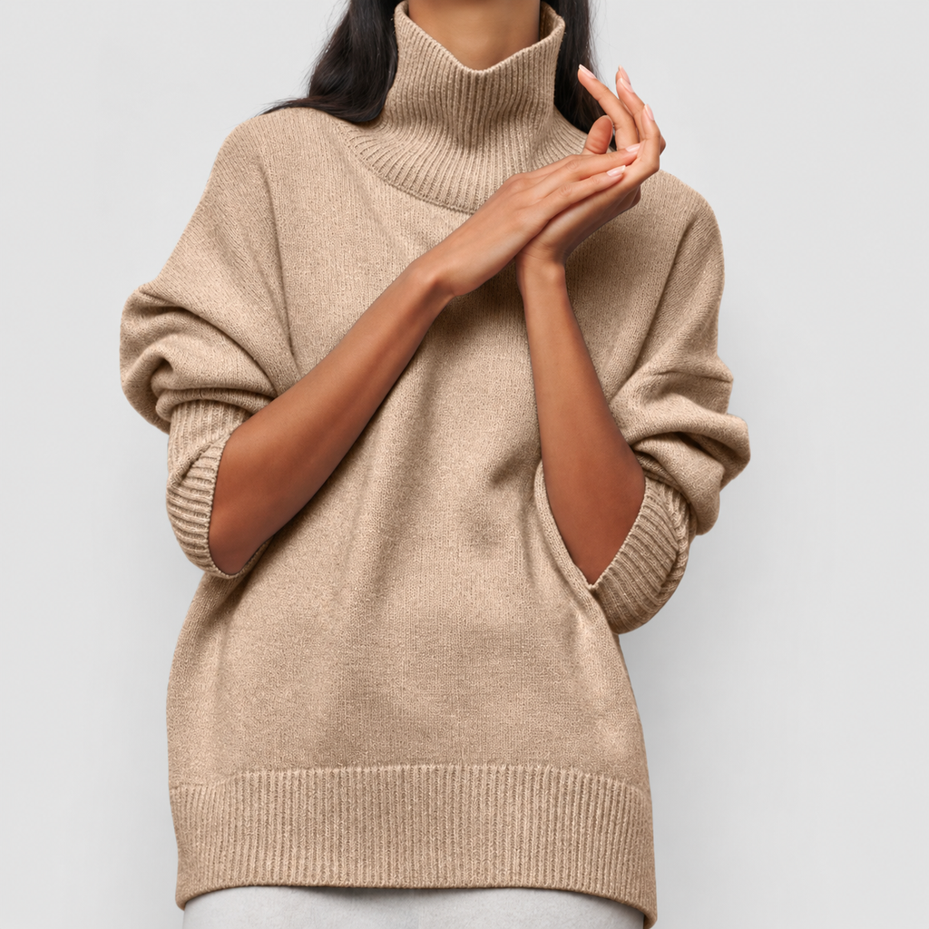 Women's Knitted Roll-Neck Jumper in Beige — view 3