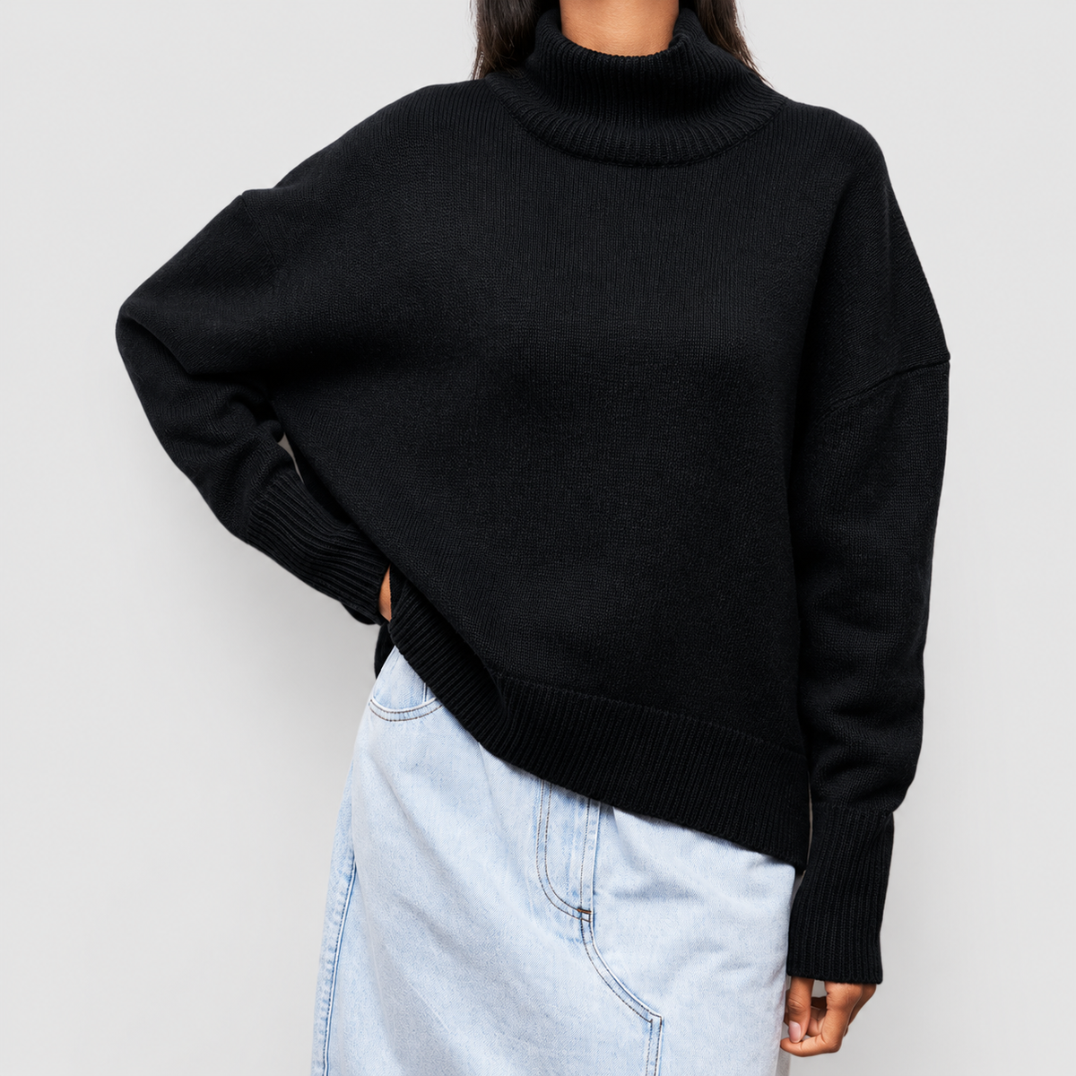 Women's Knitted Roll-Neck Jumper in Black — view 7