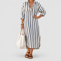Women's Long-Sleeve Striped Midi Shirt Dress in Black — view 1