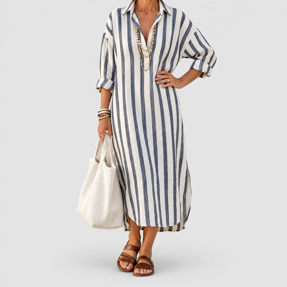 Women's Long-Sleeve Striped Midi Shirt Dress in Black — view 1