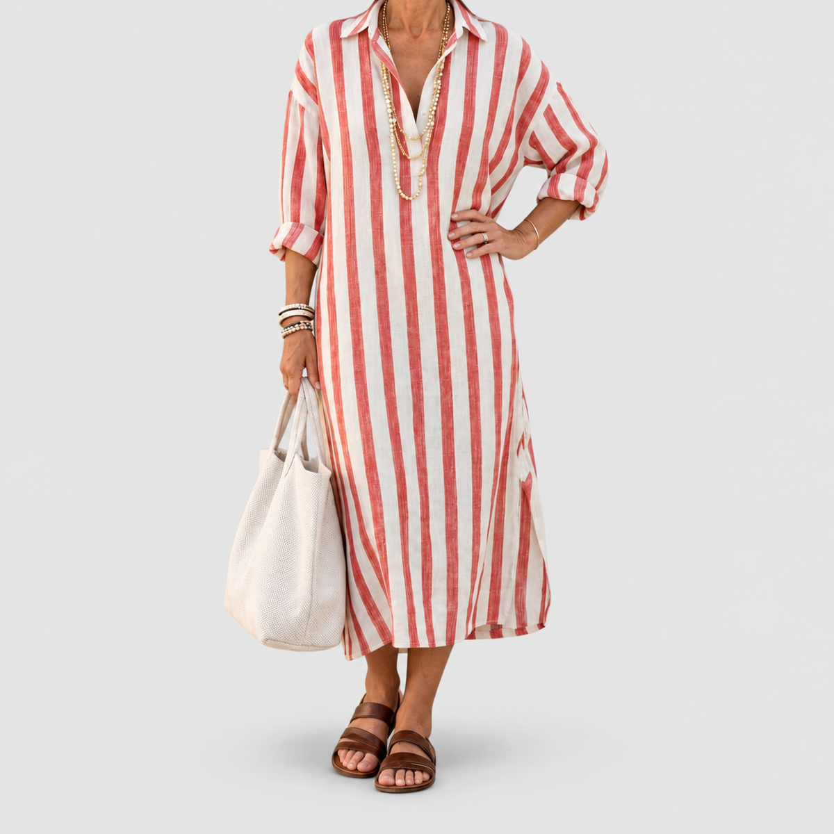 Women's Long-Sleeve Striped Midi Shirt Dress in Red — view 4