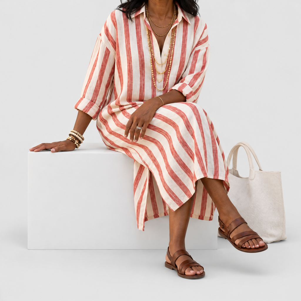 Women's Long-Sleeve Striped Midi Shirt Dress — view 6