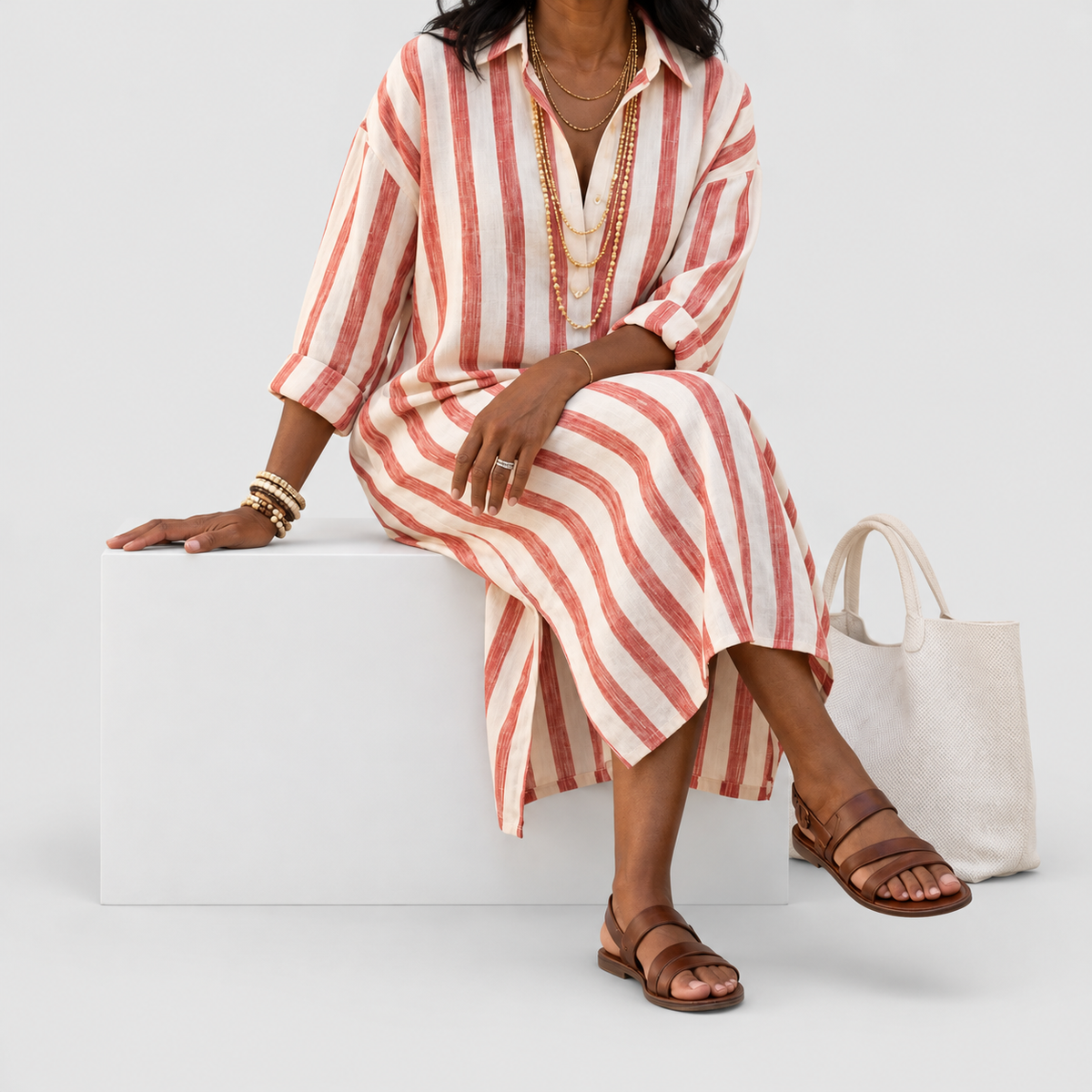 Women's Long-Sleeve Striped Midi Shirt Dress — view 6