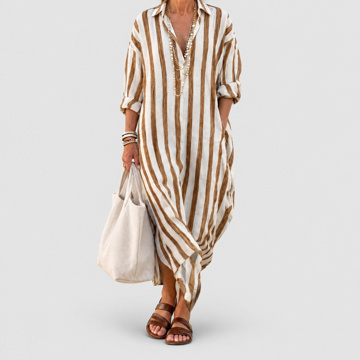 Women's Long-Sleeve Striped Midi Shirt Dress in Brown — view 7