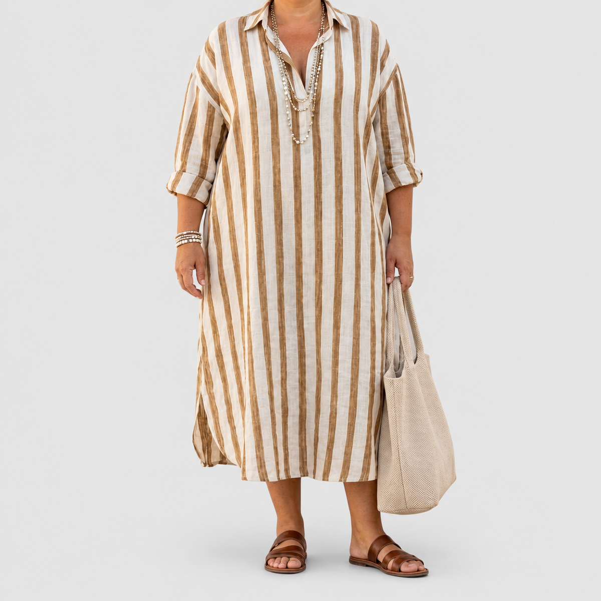 Women's Long-Sleeve Striped Midi Shirt Dress — view 8