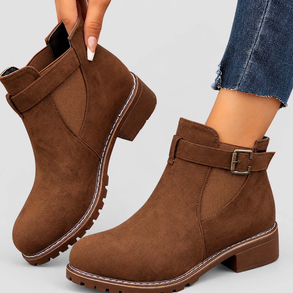 Women's Faux Suede Chelsea Ankle Boots with Buckle Strap in Brown — view 1