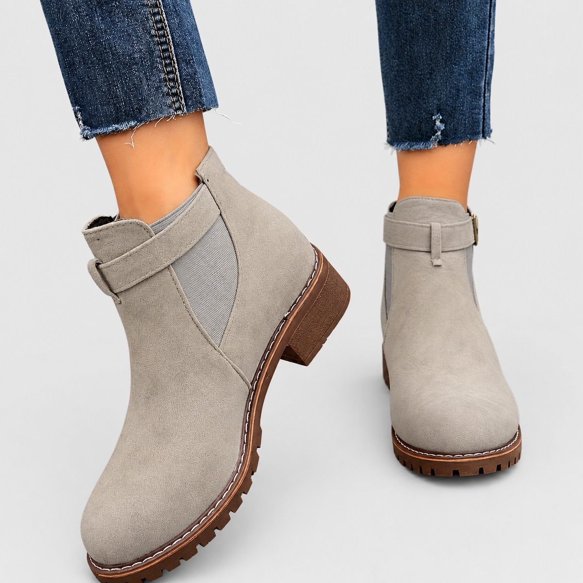 Women's Faux Suede Chelsea Ankle Boots with Buckle Strap in Grey — view 3