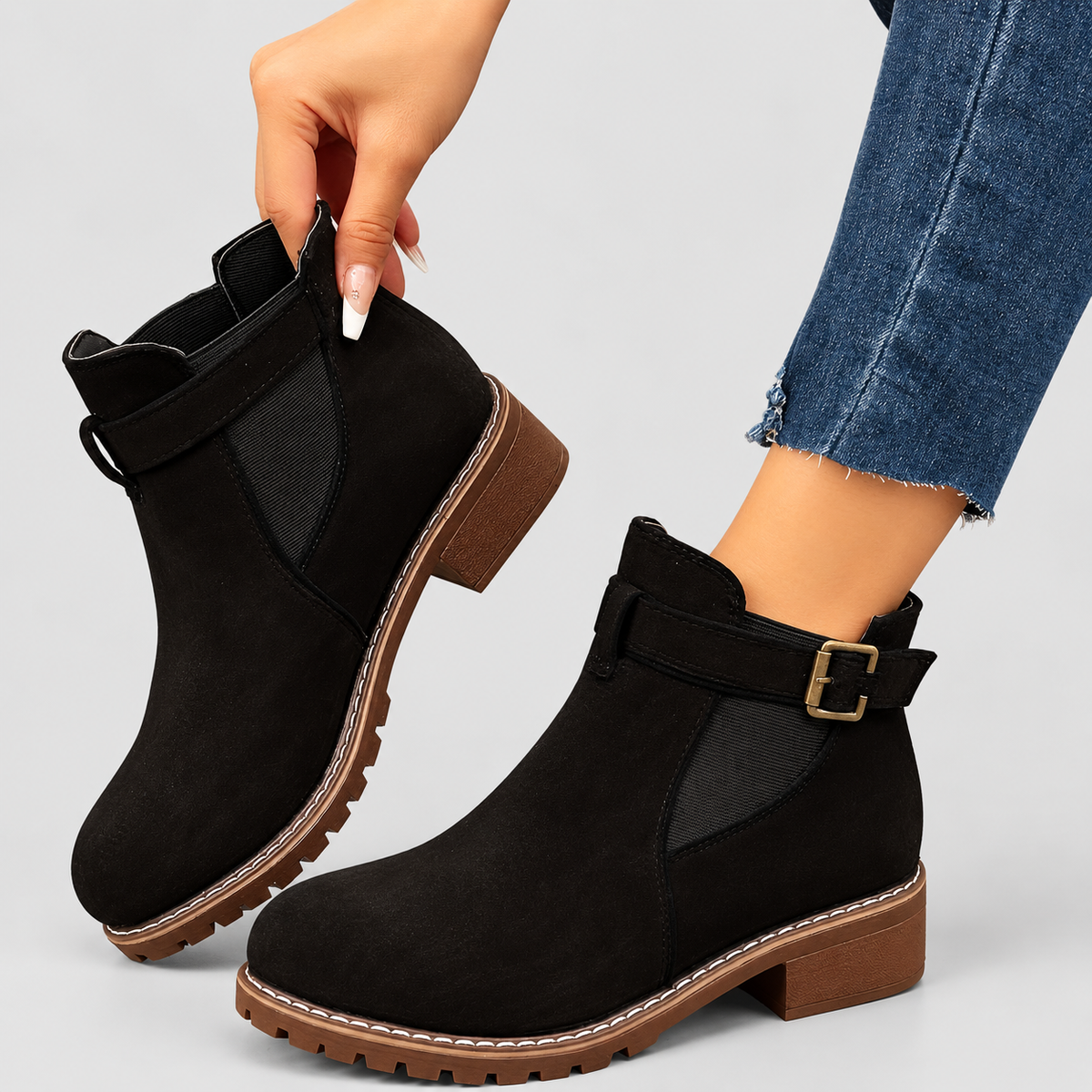 Women's Faux Suede Chelsea Ankle Boots with Buckle Strap in Black — view 4