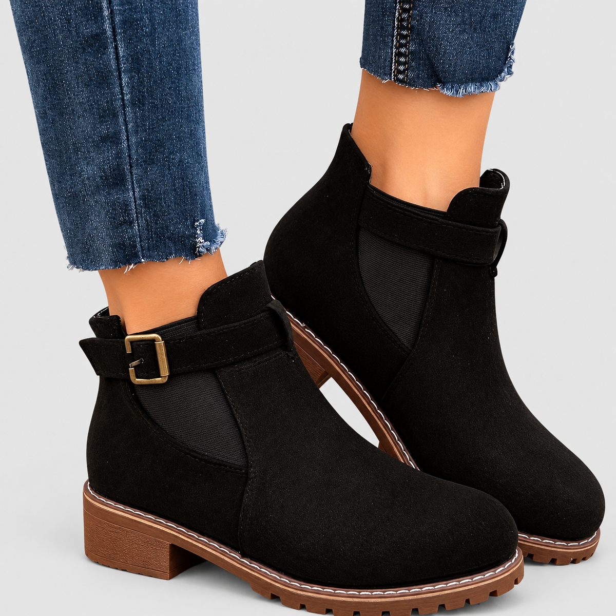 Women's Faux Suede Chelsea Ankle Boots with Buckle Strap — view 5
