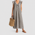 Women's Long V-Neck Dress with Frills in Grey — view 1